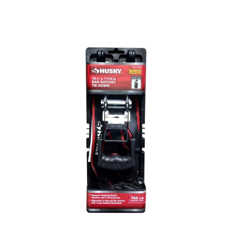 Husky 1-1/4 in. x 16 ft. Bar Ratchet Tie-Down Strap with J Hook and Mash Bag 7 Husky 1-1/4 in. x 16 ft. Bar Ratchet Tie-Down Strap with J Hook and Mash Bag - Image 5