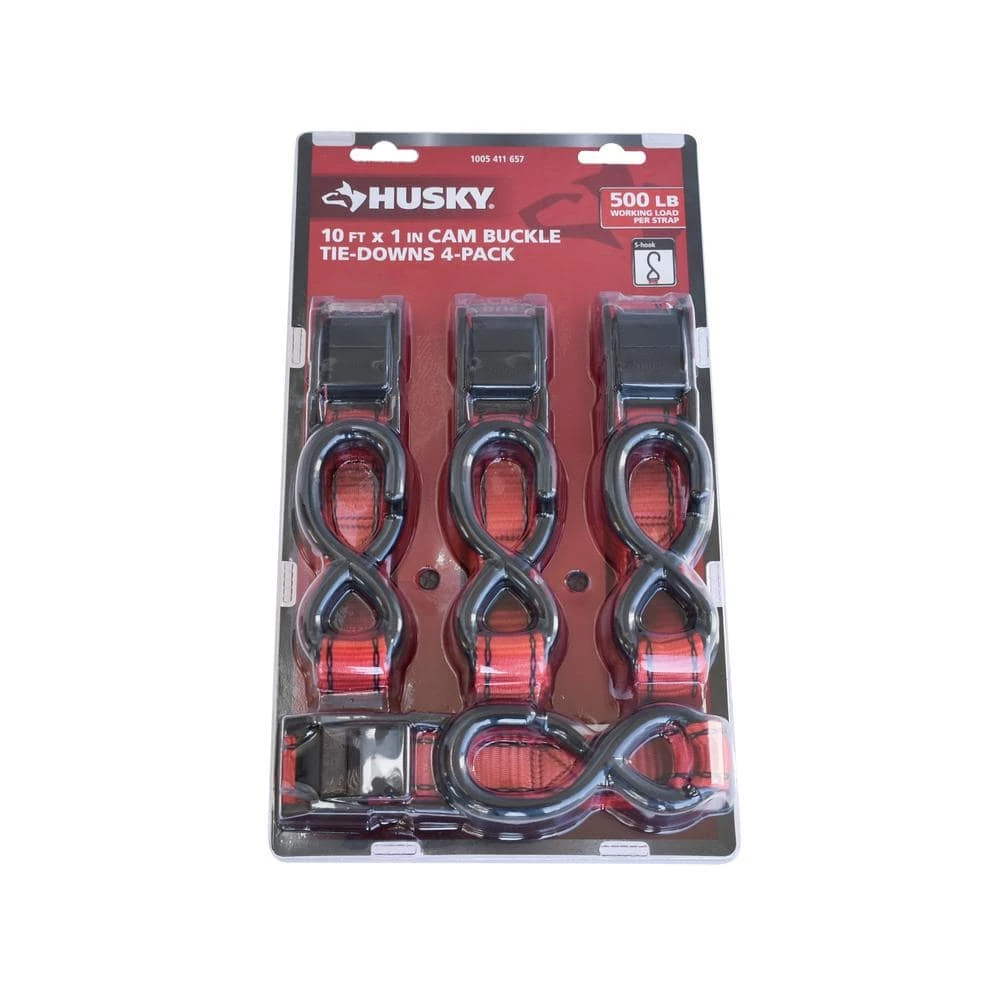 Husky 10 ft. x 1 in. Cam Buckle Tie-Down (Red) Straps with S Hook (4-Pack) 3 Husky 10 ft. x 1 in. Cam Buckle Tie-Down (Red) Straps with S Hook (4-Pack)